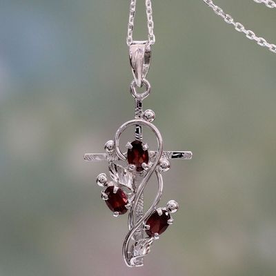 Alternate image for Garnet and Silver Cross Pendant Necklace from India Sacred Trinity