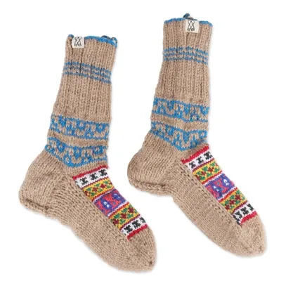 Alternate image for Hand-Knit Geometric Patterned Thick Slipper Style Socks Chai Tea