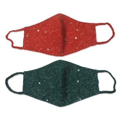 Alternate image for 2 Hand Beaded Cotton Contoured Masks in Green and Orange Feeling Glamorous