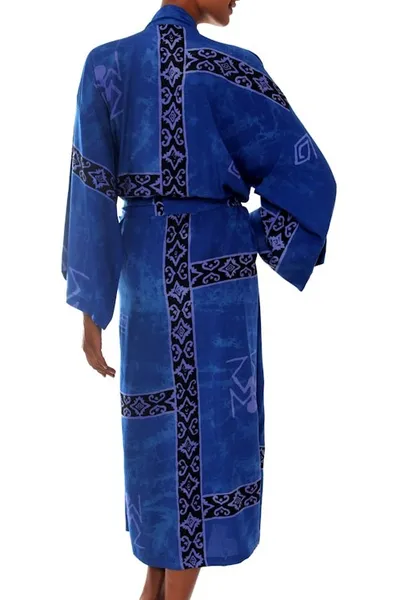 Alternate image for Hand Crafted Womens Batik Blue Patterned Robe Deep Blue Sea