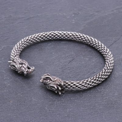 Alternate image for Dragon Themed Unisex Sterling Silver Cuff Bracelet Double Dragons