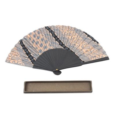 Alternate image for Batik Silk Hand Fan Hand Crafted in Bali Banji Black