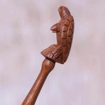 Alternate image for Turtle Themed Wood Back Scratcher Hand Carved in Bali Turtle Relief in Natural