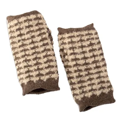 Alternate image for Square-Pattern Ivory and Taupe Alpaca Blend Fingerless Mitts Evening Squares