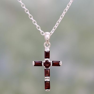 Alternate image for Garnet and Sterling Silver Cross Necklace from India Deep Crimson Cross