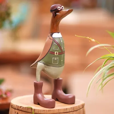 Alternate image for Teak Wood Duck Statuette with Soldier Motif Soldier Duck