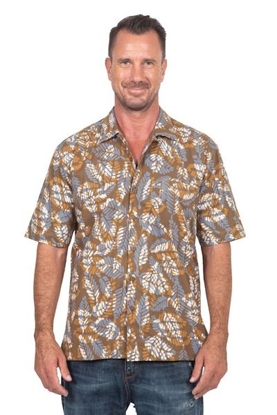 Alternate image for Mens Short-Sleeved Brown Cotton Batik Shirt from Bali Brown Leaf Shadows
