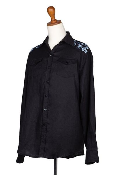 Alternate image for Mens Linen Shirt with Handmade Floral Embroidered Details Coal Garden