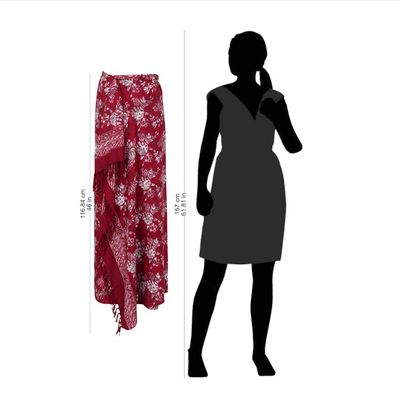 Alternate image for Red Floral Rayon Sarong with Hand Stamped Batik Pattern Tropical Garden in Claret