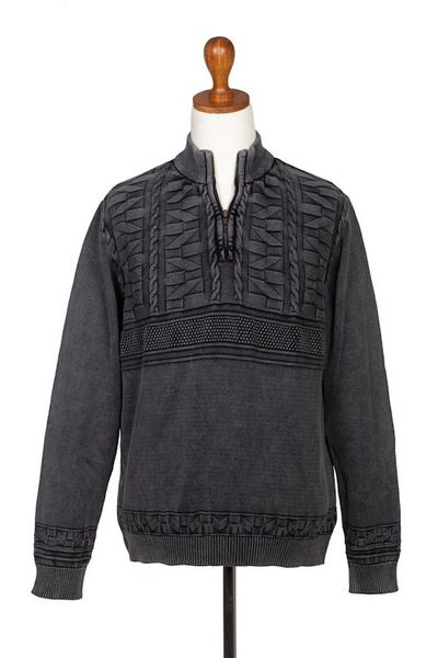 Alternate image for Mens Stone Washed Cotton Pullover Sweater Stylish in Charcoal