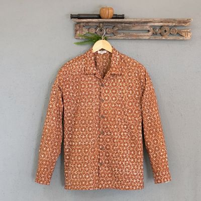 Primary image for Russet and Salamander Geometric Batik Cotton Shirt for Men Denpasar Gentleman in Russet