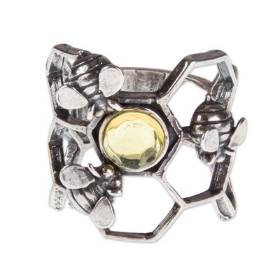 Alternate image for Amber and Sterling Silver Bee Cocktail Ring from Mexico Glowing Honey