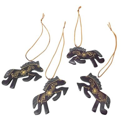 Alternate image for Set of 4 Handmade Mahogany Wood Horse Ornaments from Bali Little Horses