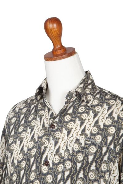 Alternate image for Mens Dark Grey on Pale Yellow Print Rayon Long Sleeve Shirt Parang Chic