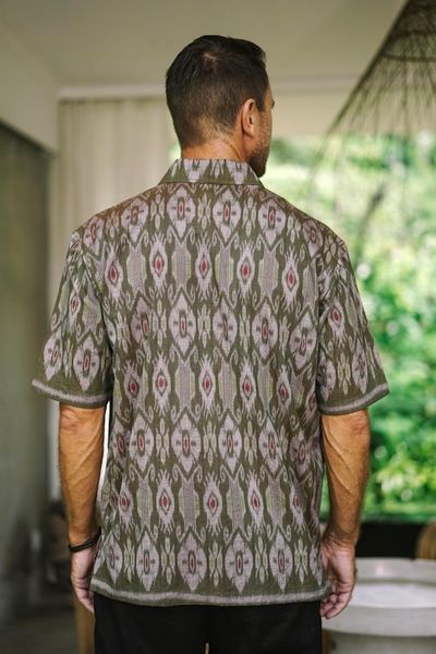 Alternate image for Hand Woven Mens Short Sleeved Cotton Shirt Green Summer