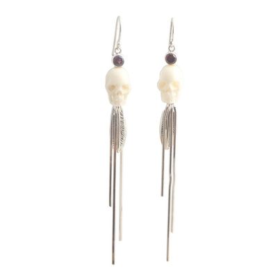 Alternate image for Long Garnet Dangle Earrings with Skull Motif Skull Talisman