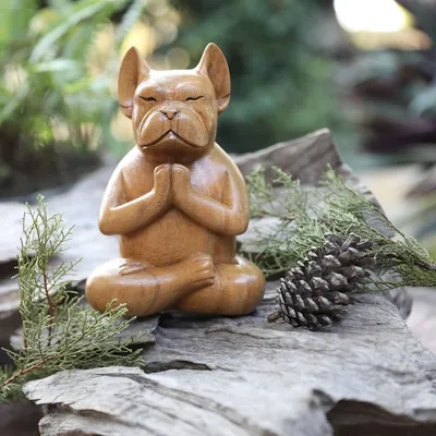 Alternate image for Hand-Carved Brown Suar Wood French Bulldog Sculpture Gratitude at Day