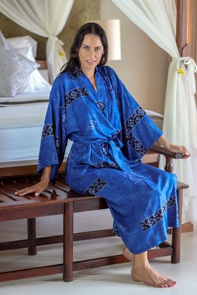Primary image for Hand Crafted Womens Batik Blue Patterned Robe Deep Blue Sea