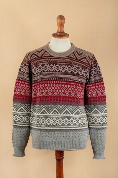 Alternate image for Mens Soft Grey and Red 100 Alpaca Pullover from Peru Grey Adventures