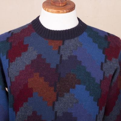 Alternate image for Multicolor Alpaca Mens Geometric Knit Pullover Sweater Stairway to the Heavens