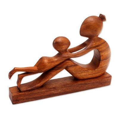 Alternate image for Hand-Carved Suar Wood Mother and Child Sculpture from Bali Playful Mother