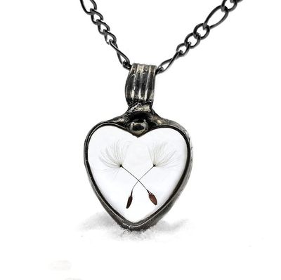 Alternate image for Dandelion Seed Heart Pendant Necklace for Women, Stained Glass Terrarium Jewelry