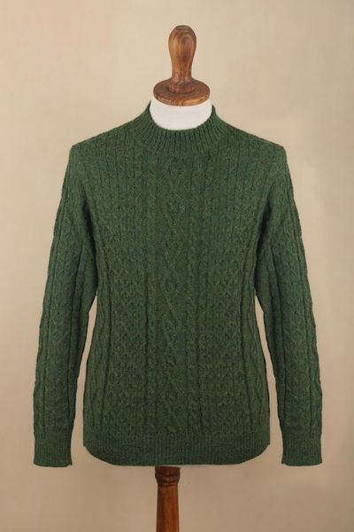 Alternate image for Mens Dark Green 100 Alpaca Pullover Sweater From Peru Moss Braids