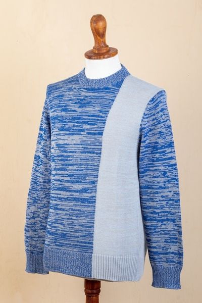 Alternate image for Knit Blue Beige Cotton Sweater for Men Made in Peru Sky Blue