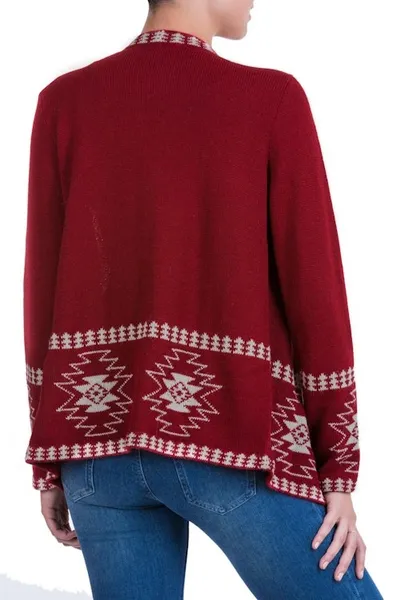 Alternate image for Red Alpaca Wool Cardigan with White Glyph Stars from Peru Glyph Stars