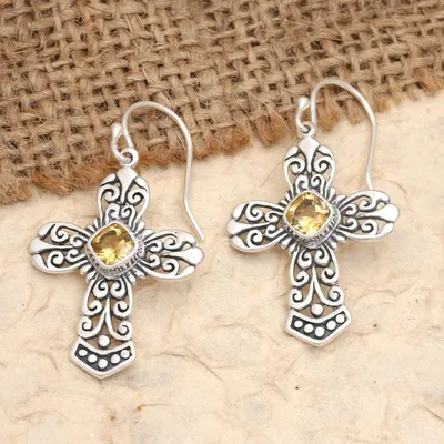 Primary image for Sterling Silver Cross Dangle Earrings with Citrine Stones Cross of Heaven in Yellow