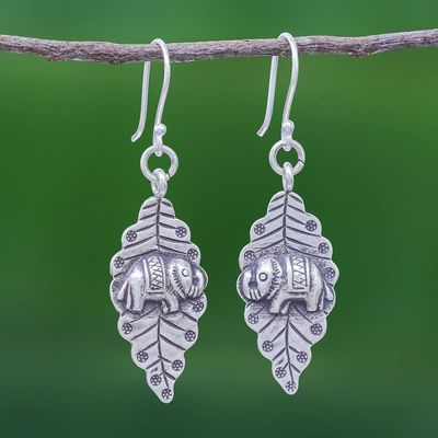 Alternate image for Oxidized Sterling Silver Leaf and Elephant Dangle Earrings Elephant Nature