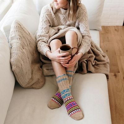 Alternate image for Hand-Knit Geometric Patterned Thick Slipper Style Socks Chai Tea