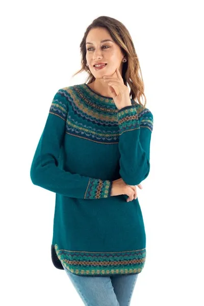 Alternate image for Teal  Blue 100 Alpaca Pullover Patterned Peruvian Sweater Playful Teal