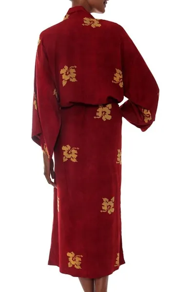 Alternate image for Handcrafted Balinese Rayon Batik Robe in Red and Yellow Red Passion