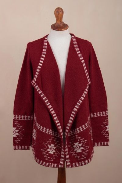 Alternate image for Red Alpaca Wool Cardigan with White Glyph Stars from Peru Glyph Stars