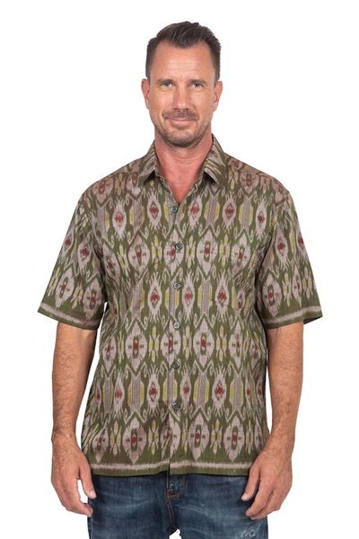 Alternate image for Hand Woven Mens Short Sleeved Cotton Shirt Green Summer
