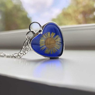 Alternate image for Blue Stained Glass Heart Necklace for Women, Real Pressed Flower Sunflower, Artisan Hand Crafted Jewelry