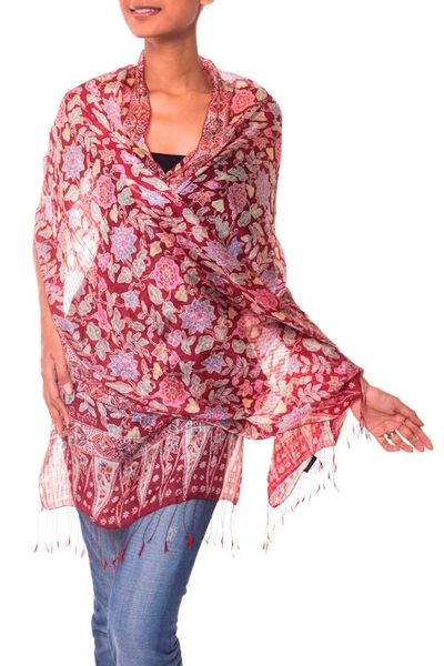 Alternate image for Artisan Crafted Batik Silk Shawl Wrap Wine Garden