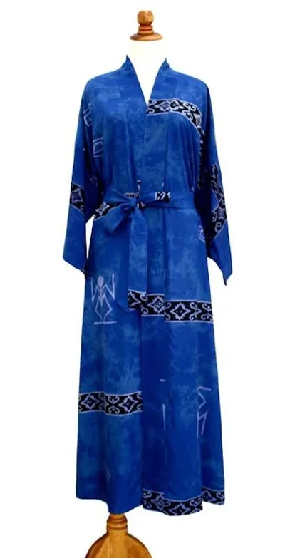 Alternate image for Hand Crafted Womens Batik Blue Patterned Robe Deep Blue Sea
