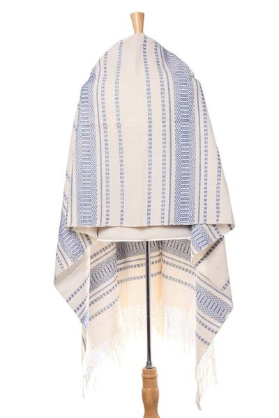Alternate image for Hand Woven All Cotton Rebozo in Blue and Off-White Oaxacan Rhythm in Sapphire