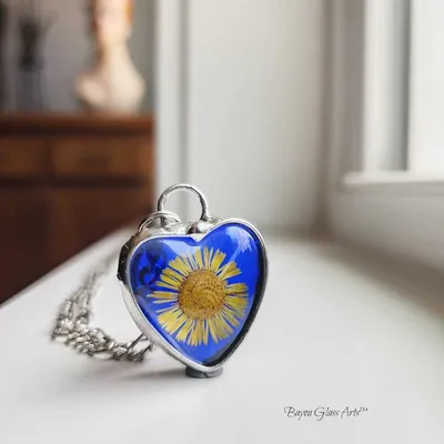 Primary image for Blue Stained Glass Heart Necklace for Women, Real Pressed Flower Sunflower, Artisan Hand Crafted Jewelry