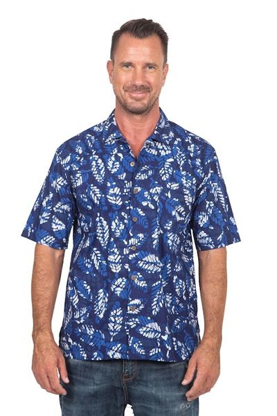 Alternate image for Mens Short-Sleeved Blue Cotton Batik Shirt from Bali Blue Leaf Shadows