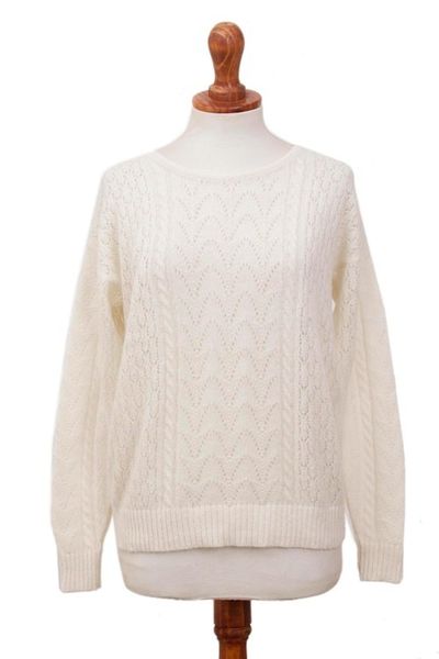 Alternate image for Cable Knit Baby Alpaca Blend Pullover in Ivory from Peru Warm Charm