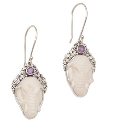 Alternate image for Amethyst Elephant Dangle Earrings with Carved Bone Elephant Grandeur