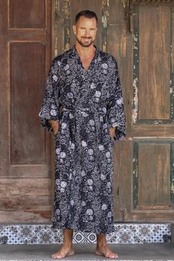Image for Mens Black Batik Patterned Robe Midnight Stars
