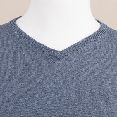 Alternate image for Mens V-Neck Cotton Blend Pullover in Indigo from Peru Warm Adventure in Indigo