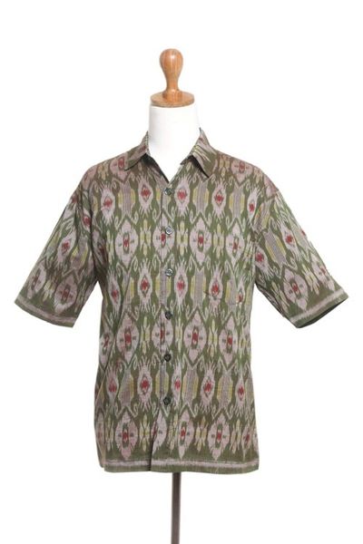 Alternate image for Hand Woven Mens Short Sleeved Cotton Shirt Green Summer