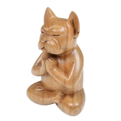 Alternate image for Hand-Carved Brown Suar Wood French Bulldog Sculpture Gratitude at Day