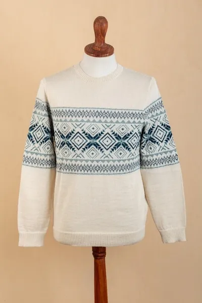 Alternate image for 100 Alpaca Mens Pullover Sweater with Geometric Design Clouds in the Andes