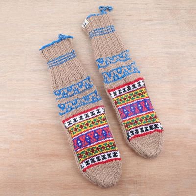 Alternate image for Hand-Knit Geometric Patterned Thick Slipper Style Socks Chai Tea